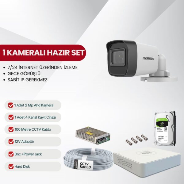 Hikvision 1 Kameralı Tak-Çalıştır AHD Kamera Seti