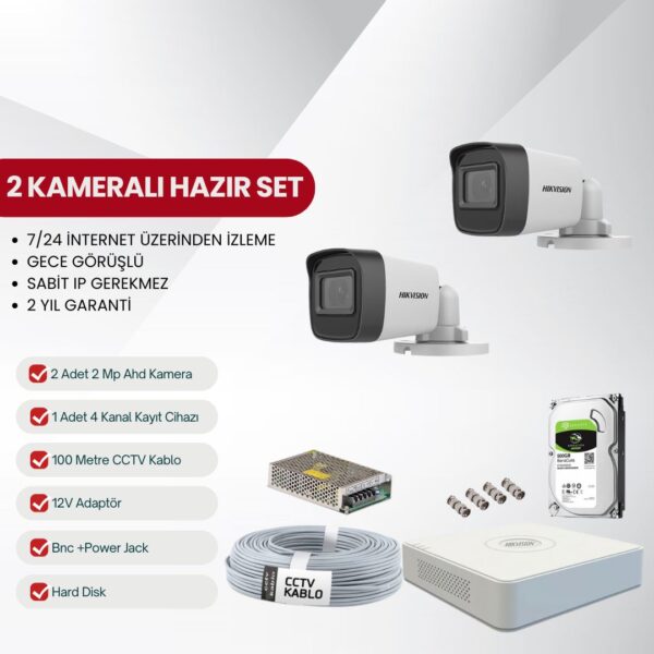 Hikvision 2 Kameralı Tak-Çalıştır AHD Kamera Seti