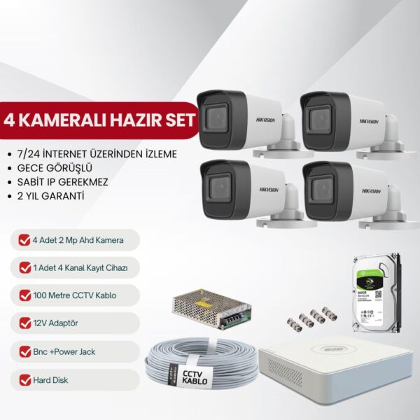 Hikvision 4 Kameralı AHD Tak-Çalıştır Kamera Seti