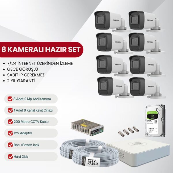 Hikvision 8 Kameralı Tak-Çalıştır AHD Kamera Seti